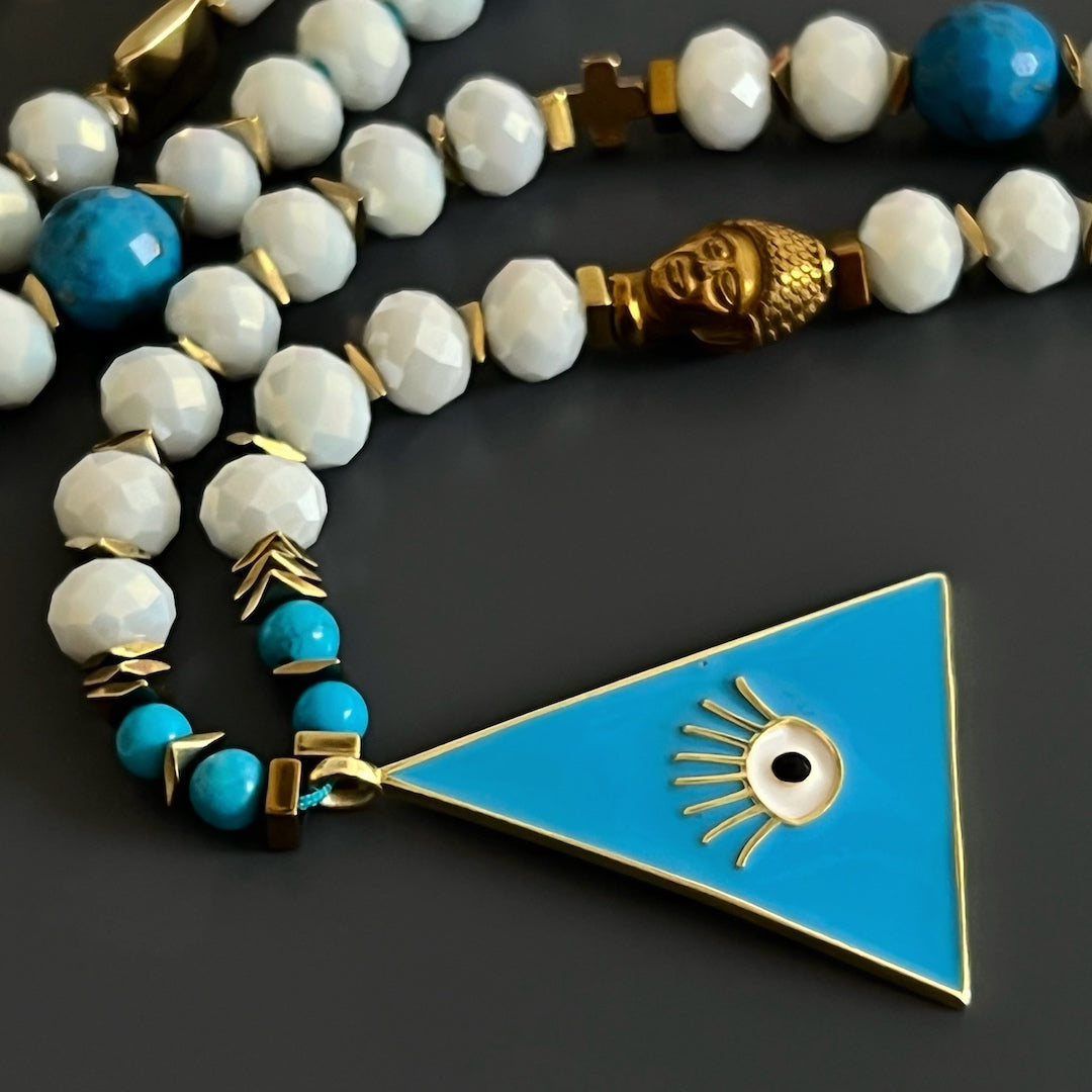White Unique Evil Eye Necklace with Tree of Life and Buddha beads.