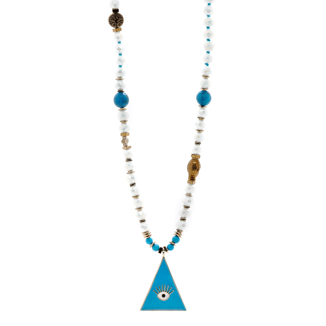 Classic Evil Eye Necklace with gold accents and turquoise bead.