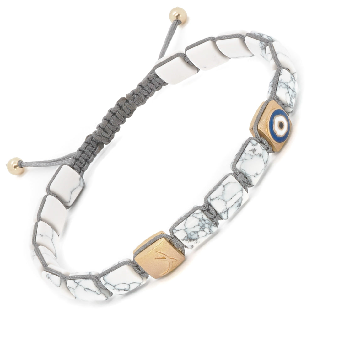 White Howlite Gemstones - Woven Fortune Evil Eye Bracelet for stillness and clarity of mind.