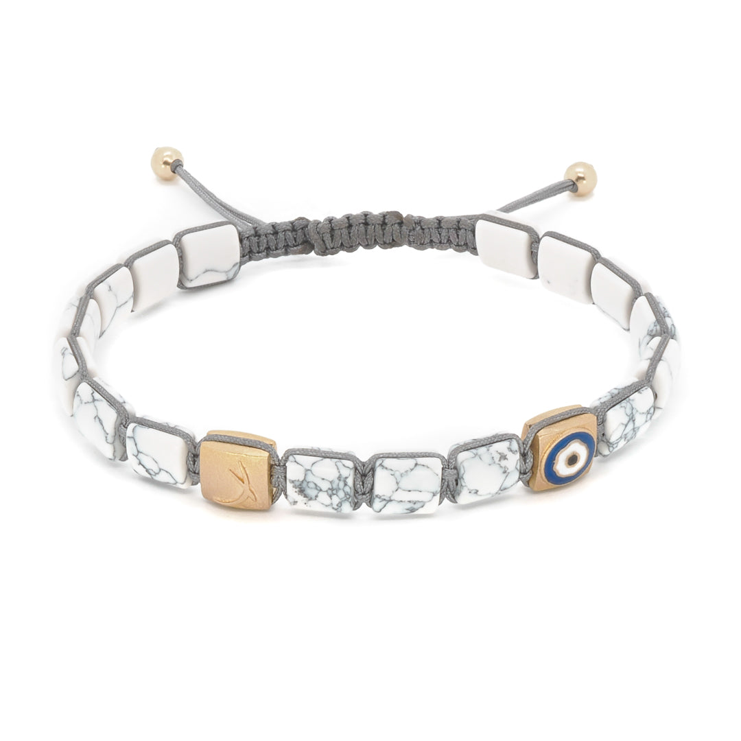 Woven Fortune Evil Eye Bracelet - Handcrafted from 14 Carat Recycled Yellow Gold and Howlite.