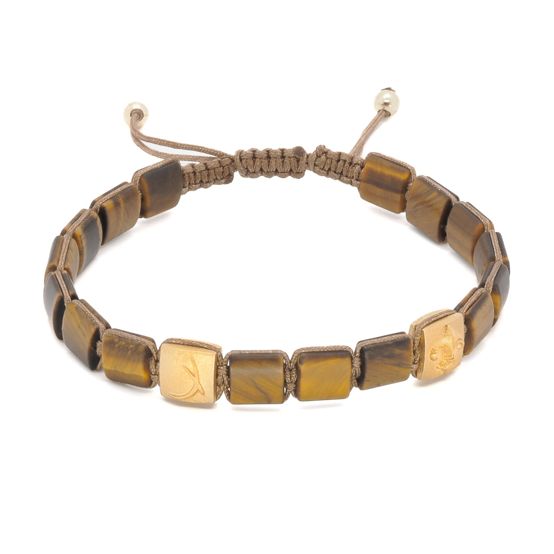 Woven Gold Fleur de Li Bracelet - Handcrafted from 14 Carat Recycled Yellow Gold and Tiger&#39;s Eye.