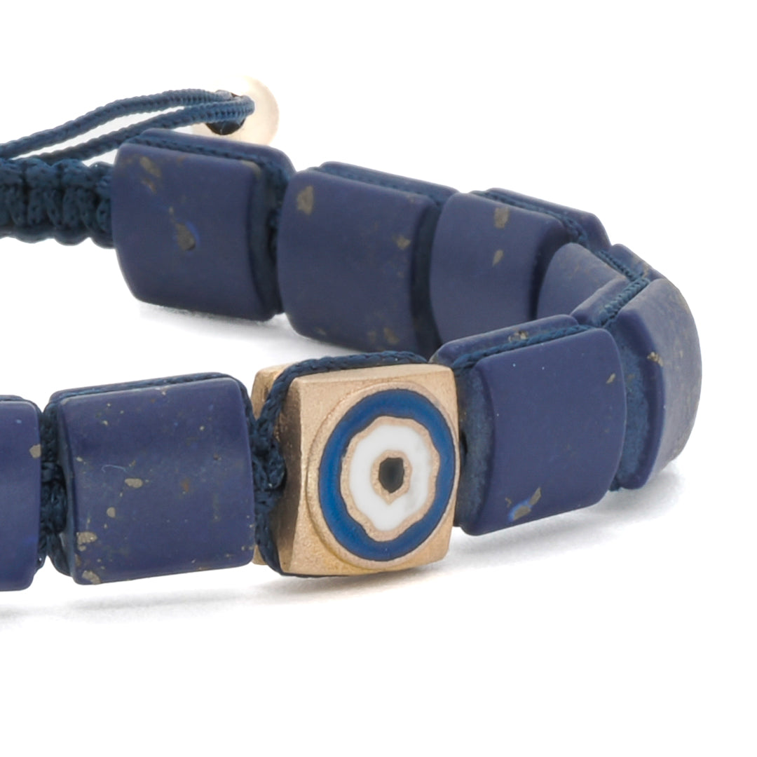 Recycled Metals and Natural Gemstones - Woven Lapis Lazuli Evil Eye Bracelet, an eco-friendly choice.