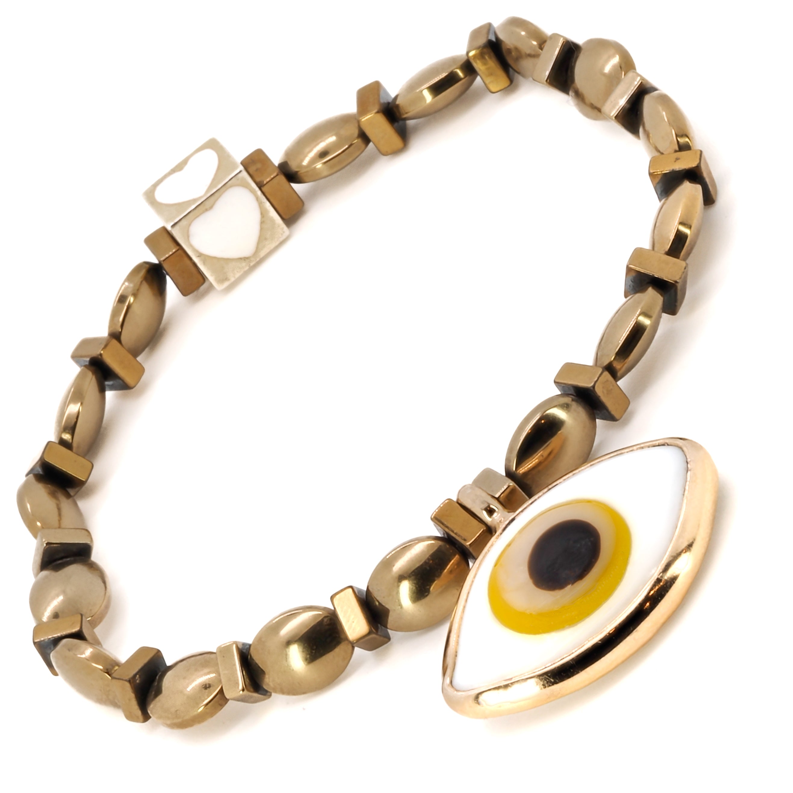 The Yellow Evil Eye Bracelet exudes style and protection, featuring gold-colored hematite beads and a captivating evil eye charm.