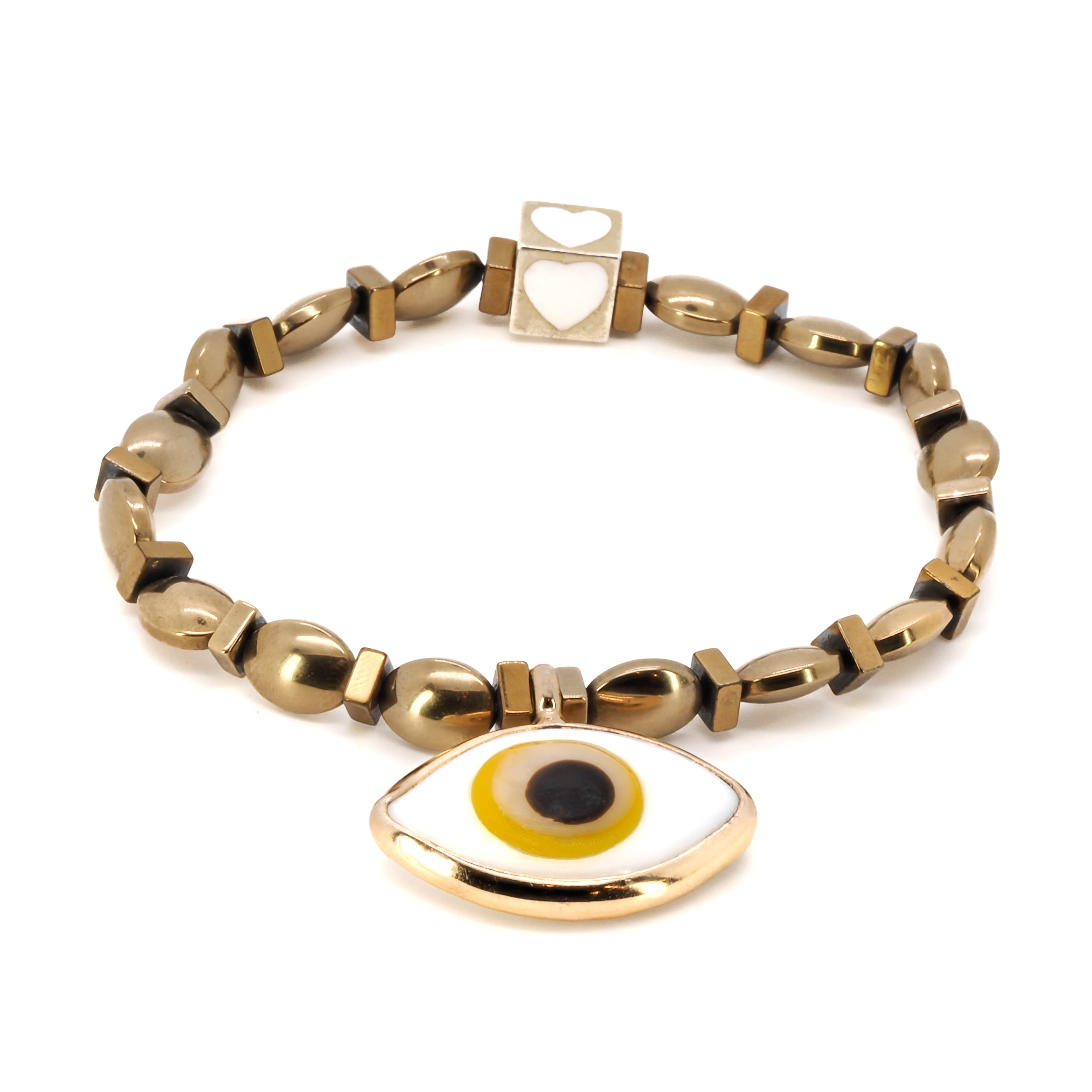 Embrace the elegance and protection of the Yellow Evil Eye Bracelet, featuring gold-colored hematite stone beads and a stunning evil eye charm.