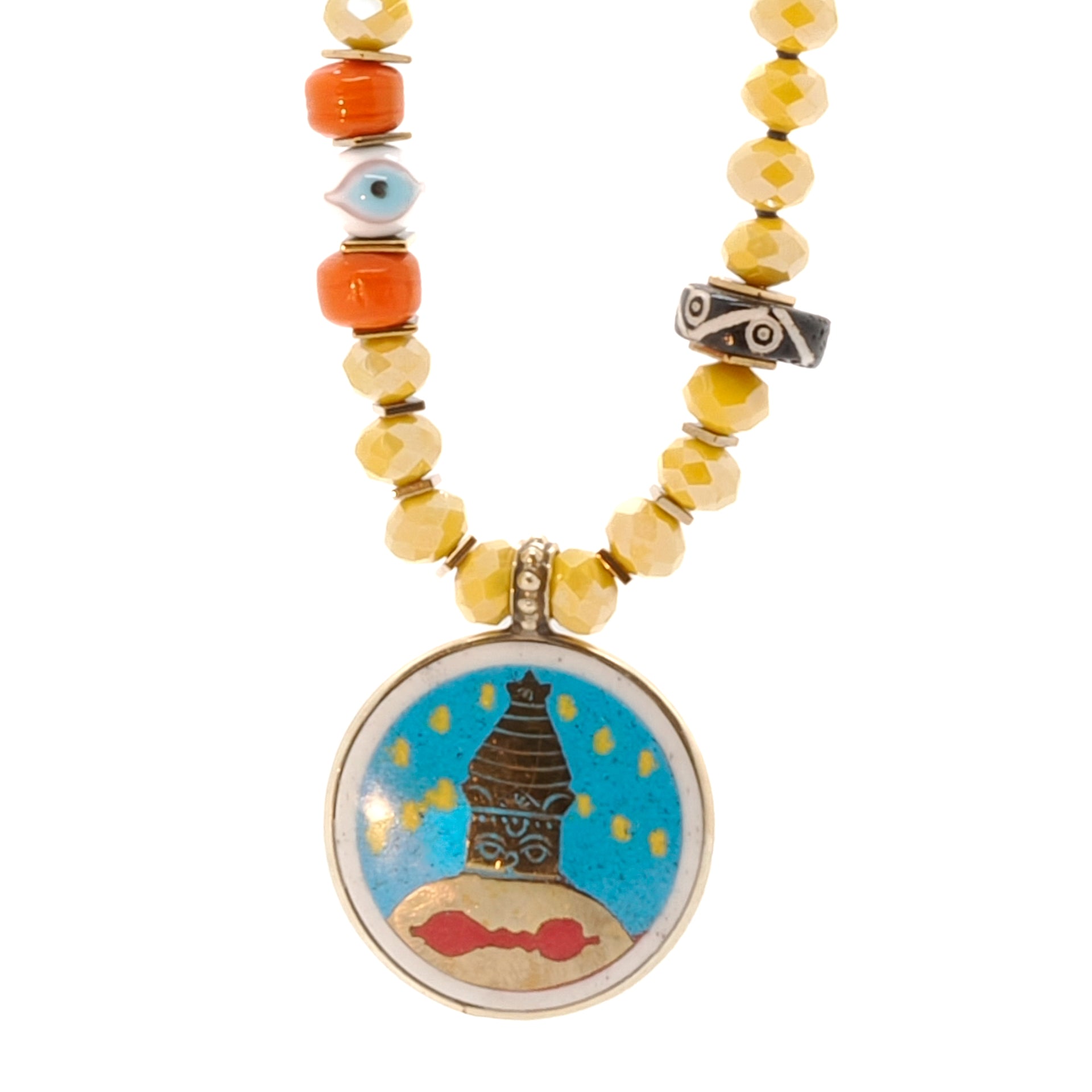 Find inner peace and balance with the Yoga Serenity Necklace adorned with Buddha Eyes and Om Mantra.