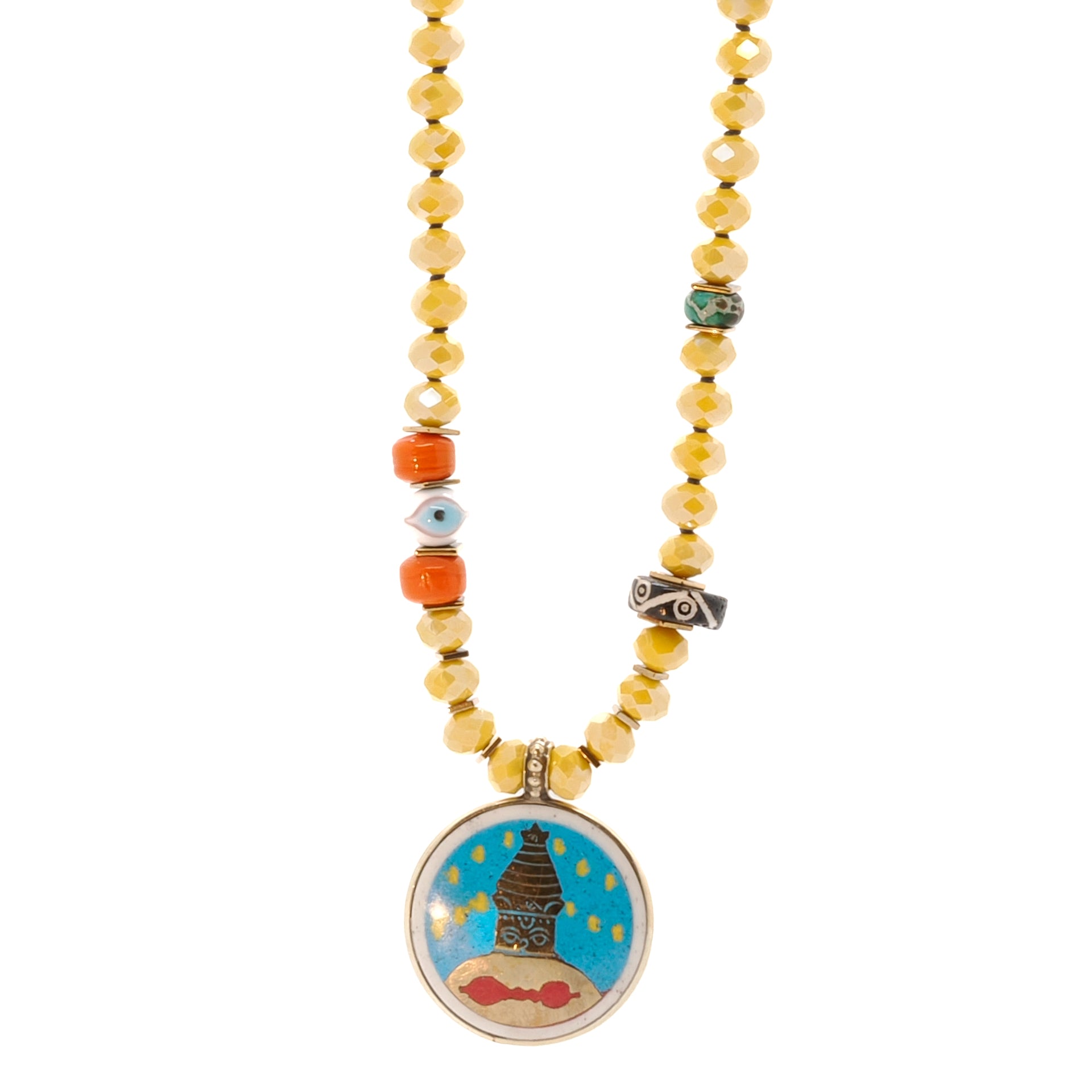 Handmade Yoga Serenity Necklace featuring vibrant colors, Om Mantra, Buddha Eyes, and evil eye beads.
